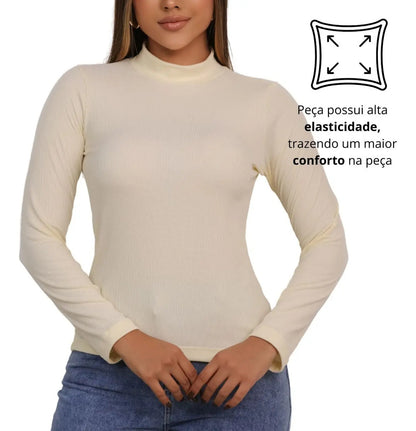 Blusa Feminina Canelada Gola Alta Manga Comprida Cacharrel