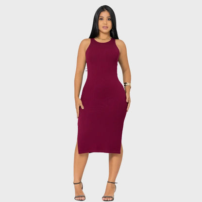 Vestido Canelado Midi Regata Com Fenda Zero Transparência