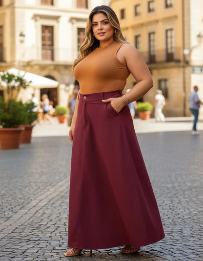 Saia Alfaiataria Plus Size Rodada Evasê Cós Alto Evangélica