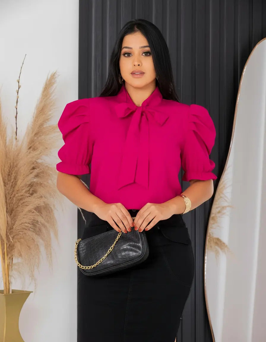 Blusa Emily Gola Laço Manga Curta Bufante