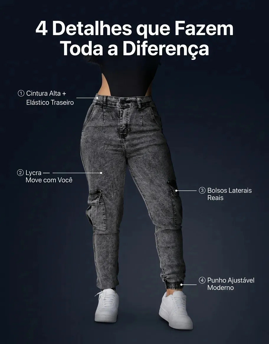 Calça Cargo Jogger Jeans Feminina Cintura Alta Com Lycra