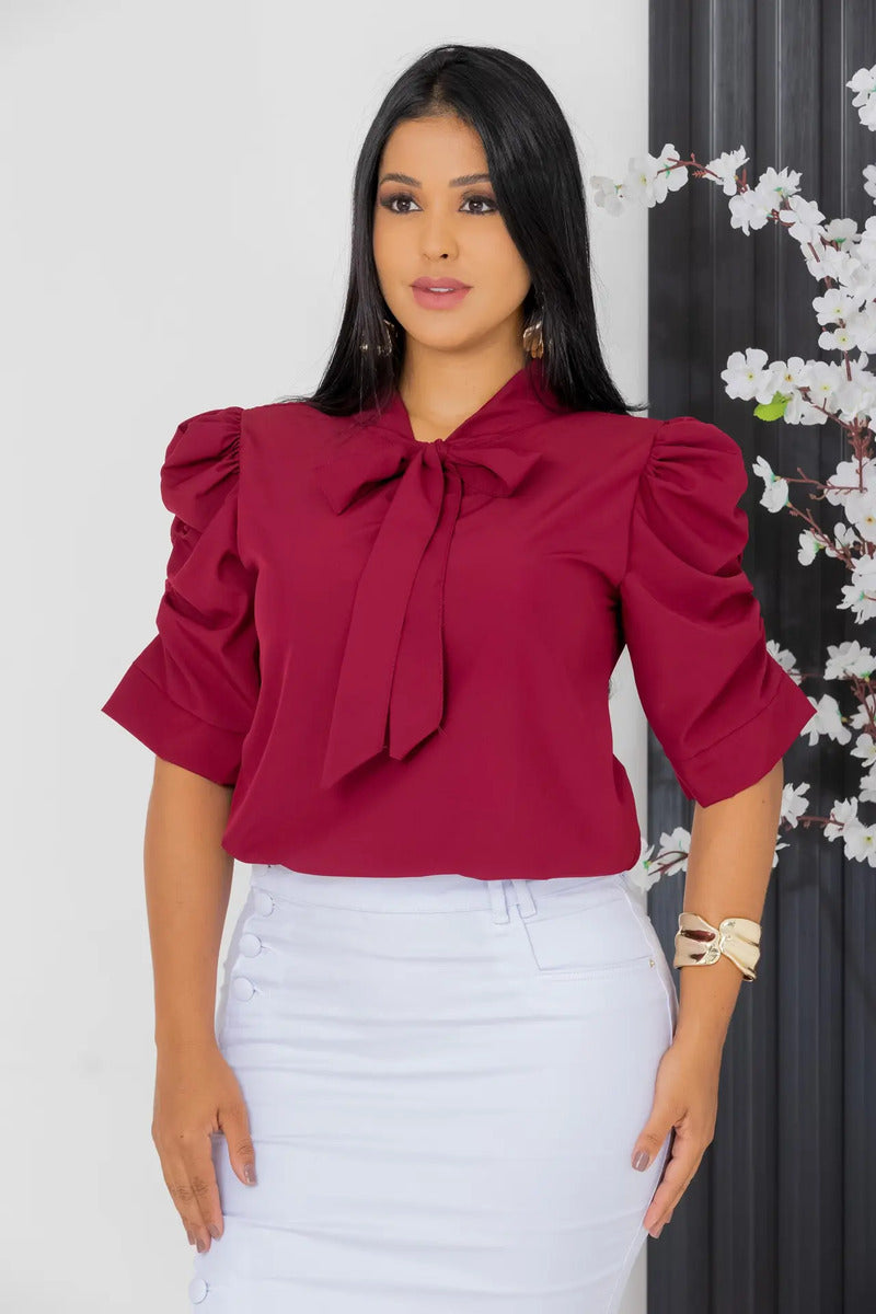 Blusa Feminina Gizele Gola Laço Crepre Seda Manga Franzida