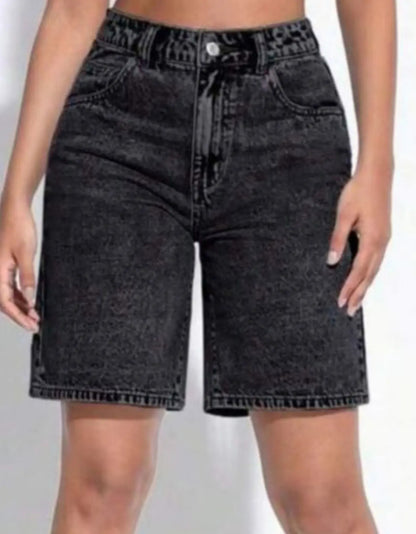 Bermuda Jeans Cintura Alta Feminina Com Estonado Na Lavagem