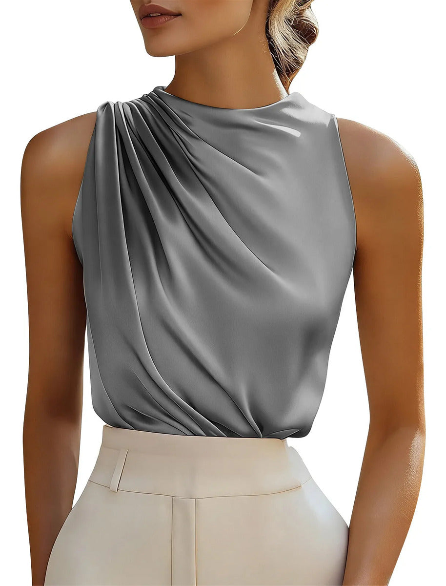 Camisa Feminina, Cor Sólida, Seda E Cetim, Blusa Longa