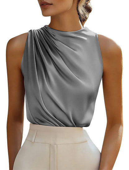 Camisa Feminina, Cor Sólida, Seda E Cetim, Blusa Longa