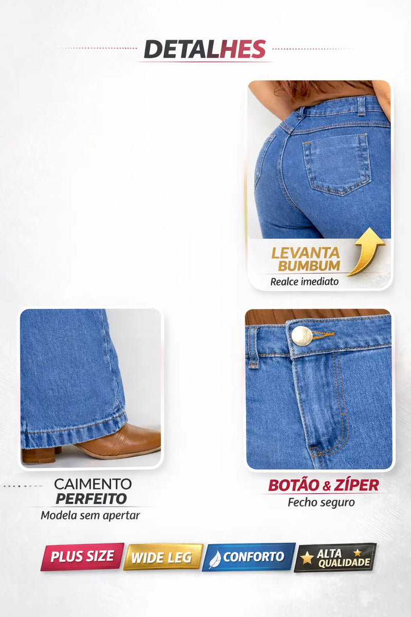 Calça Plus Size Jeans Feminina Wide Leg Levanta Bumbum