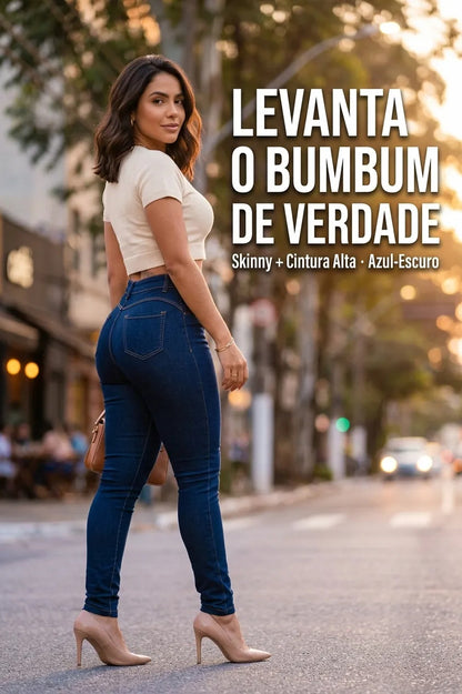Calça Feminina Jeans Cintura Alta Skinny Levanta Bumbum