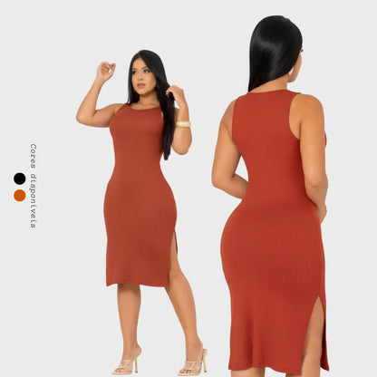 Vestido Canelado Midi Regata Com Fenda Zero Transparência