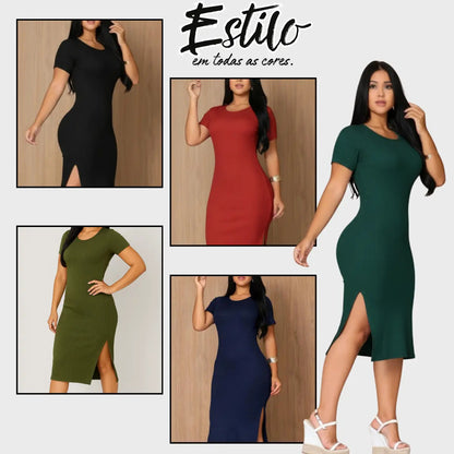 Vestido Canelado Midi Com Manga e Fenda Lateral Casual Básico