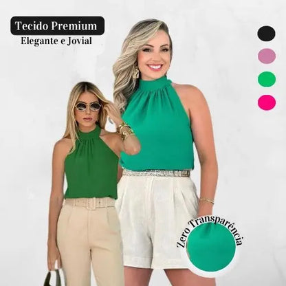 Blusa Feminina Regata Gola Alta Plissada Elegante
