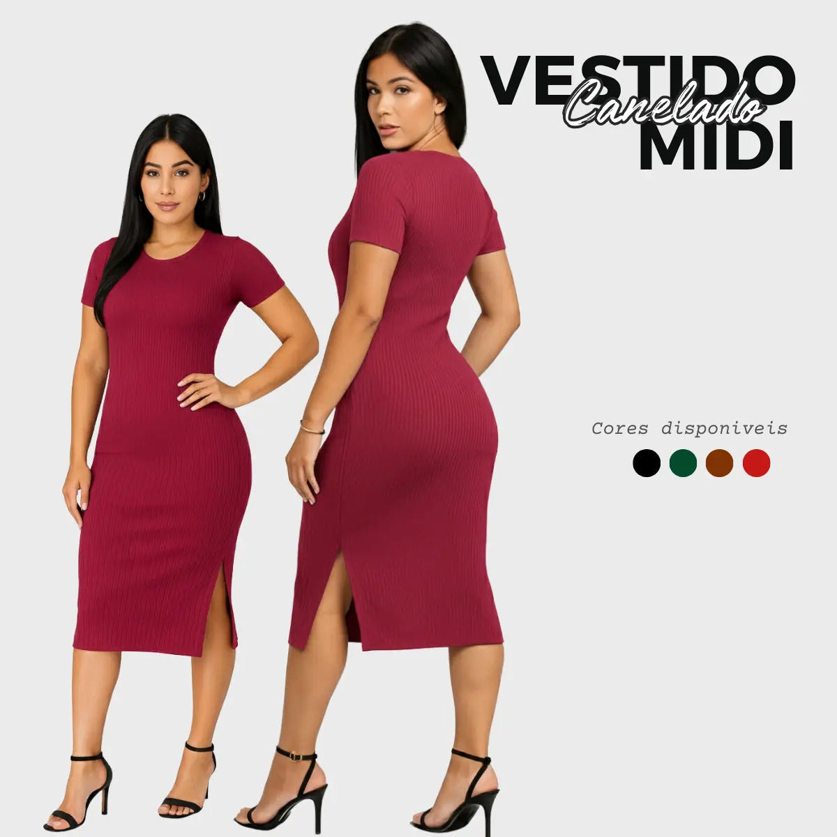 Vestido Canelado Midi Com Manga e Fenda Lateral Casual Básico