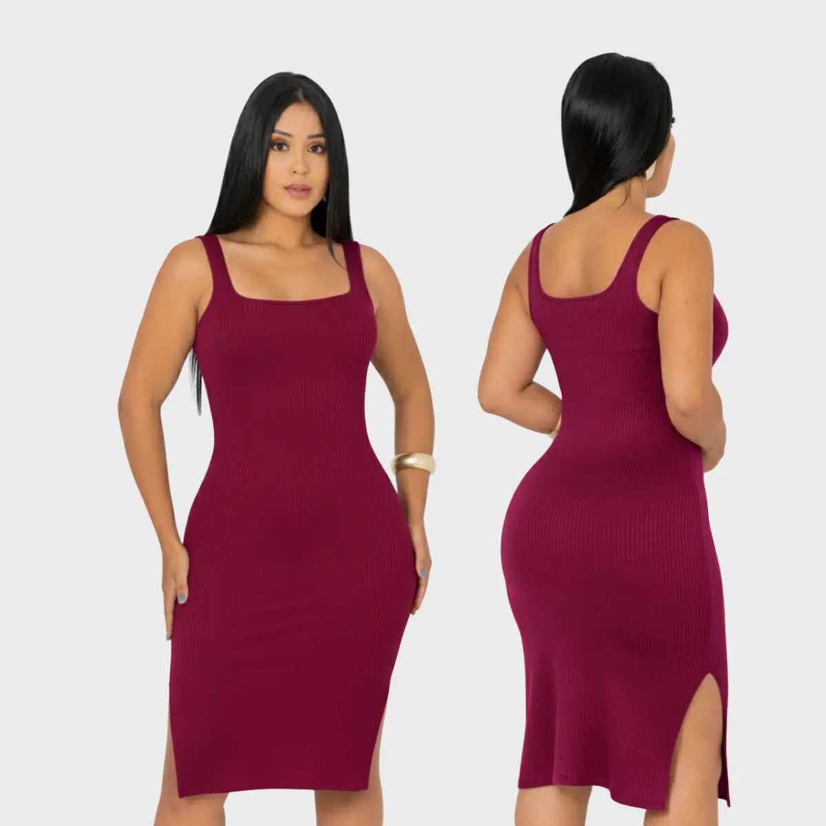Vestido Midi Canelado Premium Com Alça E Fendas Casual Básico