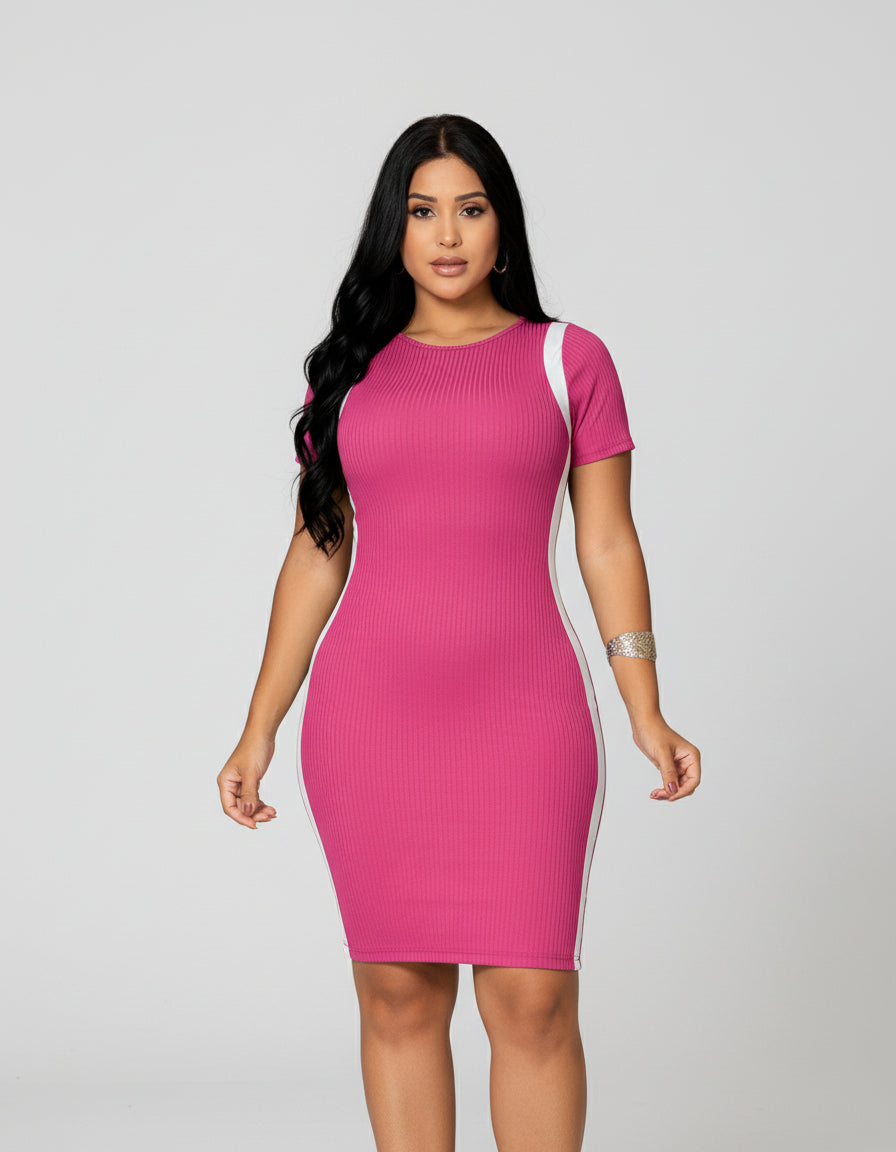 Vestido Canelado Curto Com Manga Casual Básico Modelador