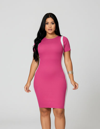 Vestido Canelado Curto Com Manga Casual Básico Modelador