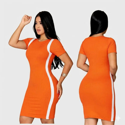 Vestido Canelado Curto Com Manga Casual Básico Modelador