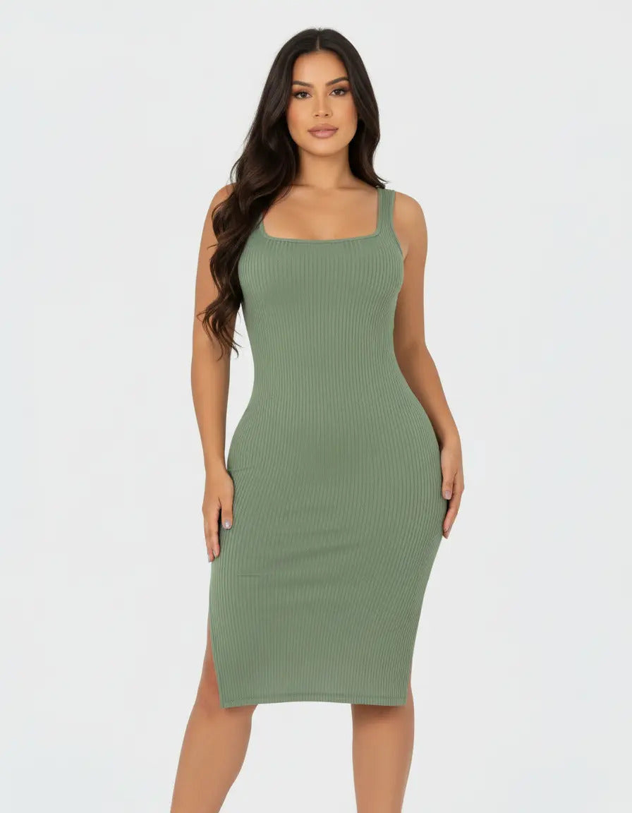 Vestido Midi Canelado Premium Com Alça E Fendas Casual Básico