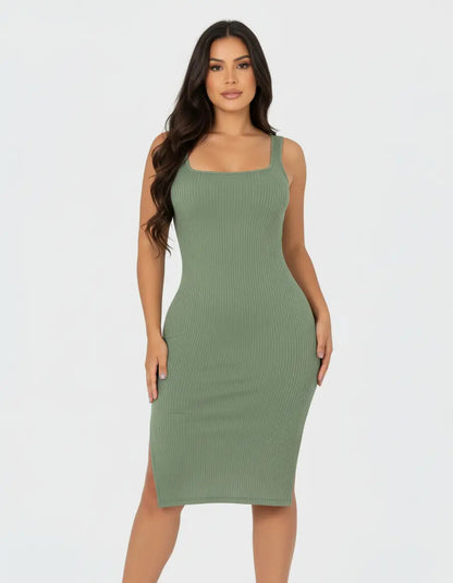 Vestido Midi Canelado Premium Com Alça E Fendas Casual Básico