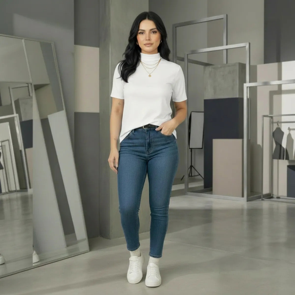 Kit 2 Blusas Camiseta Feminina T Shirt Gola Alta Inverno