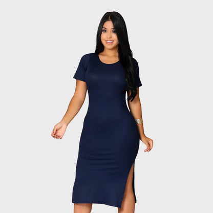 Vestido Canelado Midi Com Manga e Fenda Lateral Casual Básico