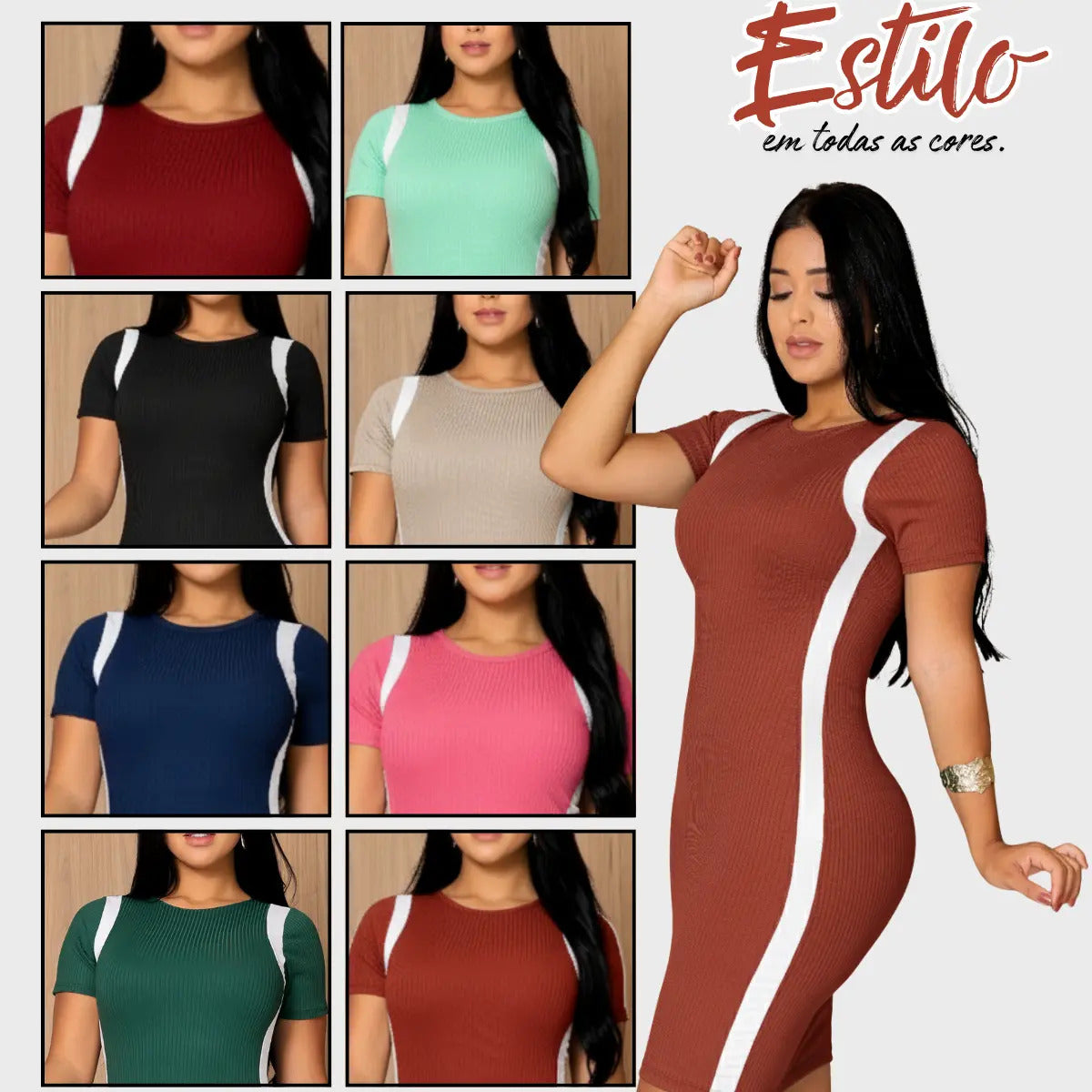 Vestido Canelado Curto Com Manga Casual Básico Modelador