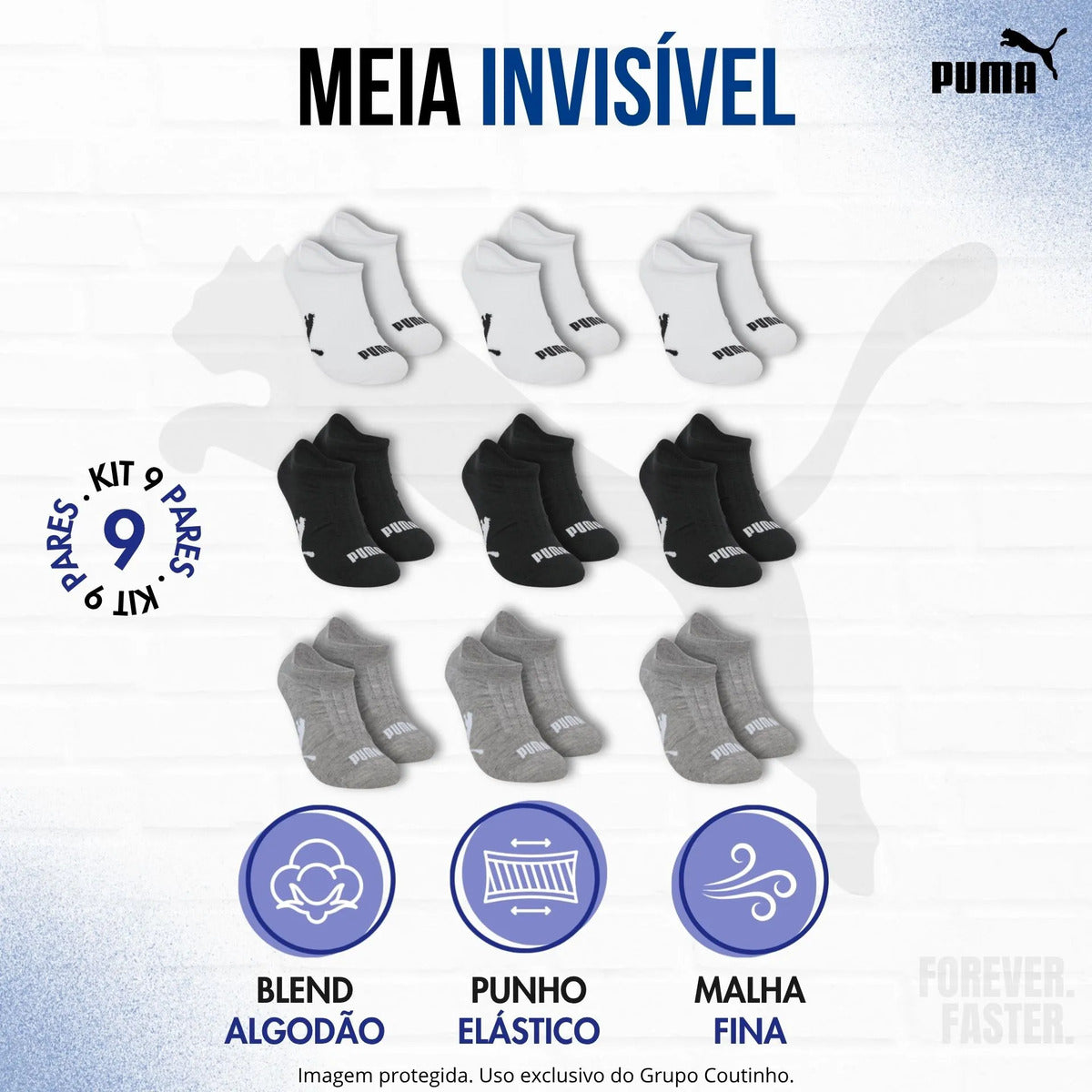 Kit 9 Pares Meias Invisível Puma Sapatilha Soquete Original