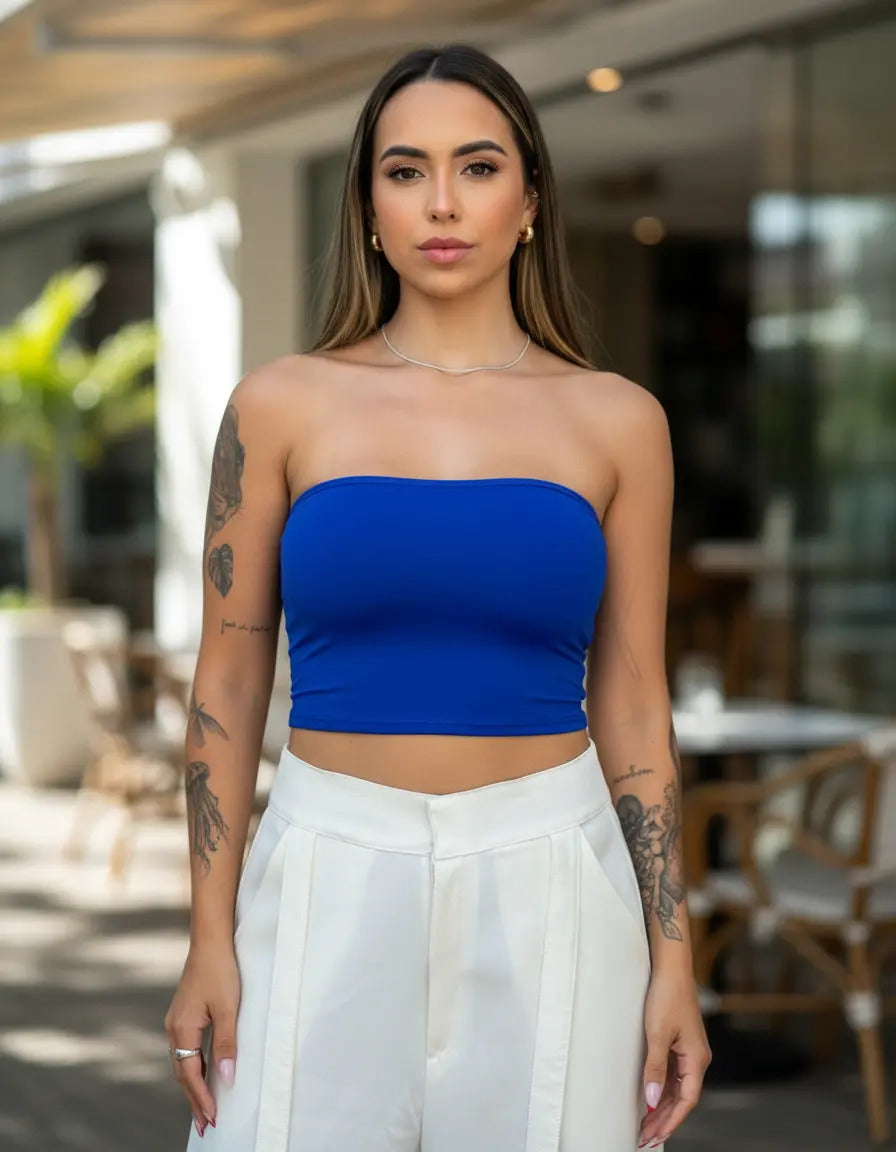Cropped Tubo Top Tubinho Suplex Duplo Azul Royal Marrom