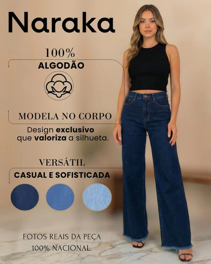 Calça Wide Leg Jeans Feminina Cintura Alta Levanta Bumbum