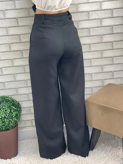 Calça Pantalona Alfaiataria Wide Leg Social Cintura Alta