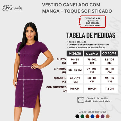 Vestido Canelado Midi Com Manga e Fenda Lateral Casual Básico
