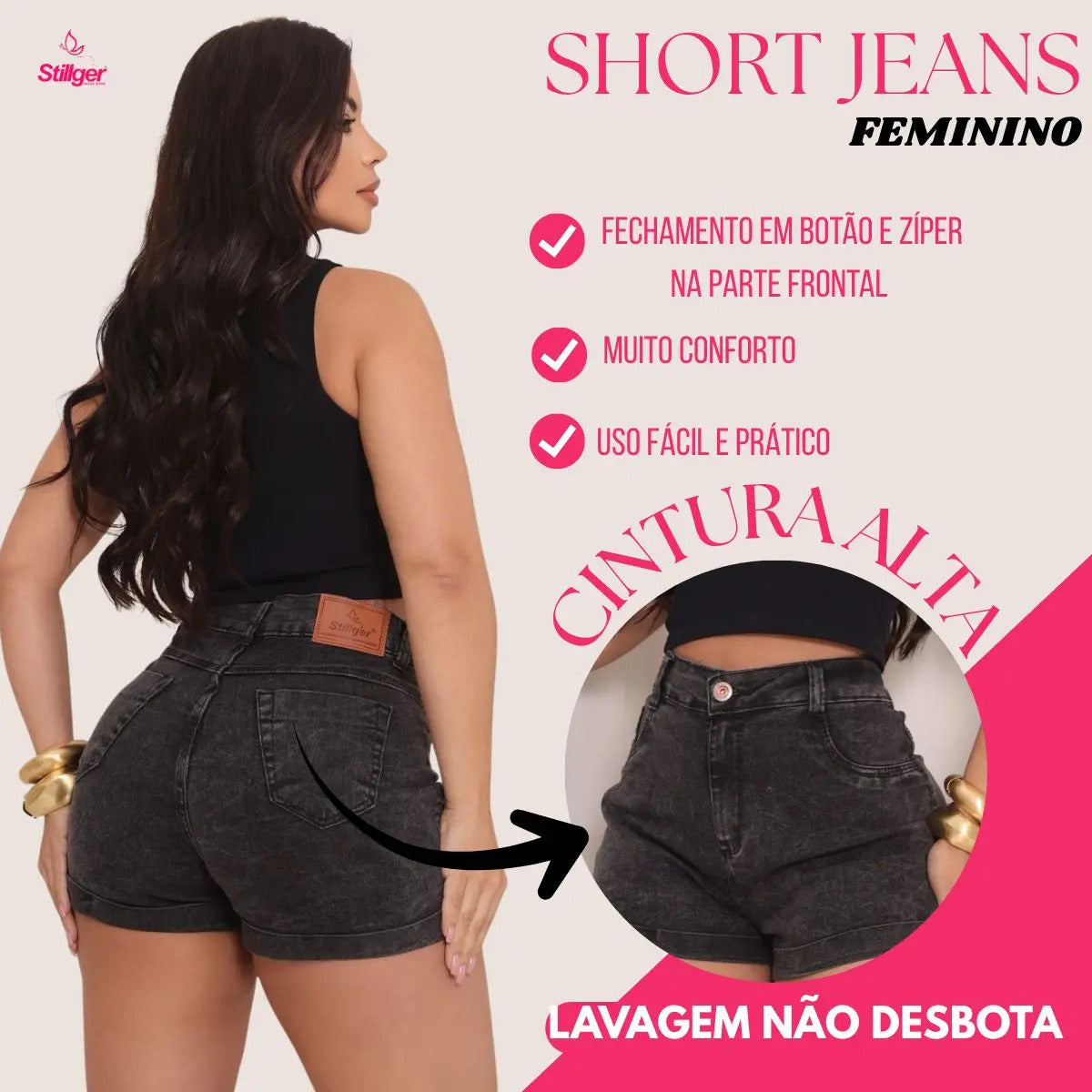Short Jeans Feminino Cintura Alta C/ Lycra Hot Pant Stillger