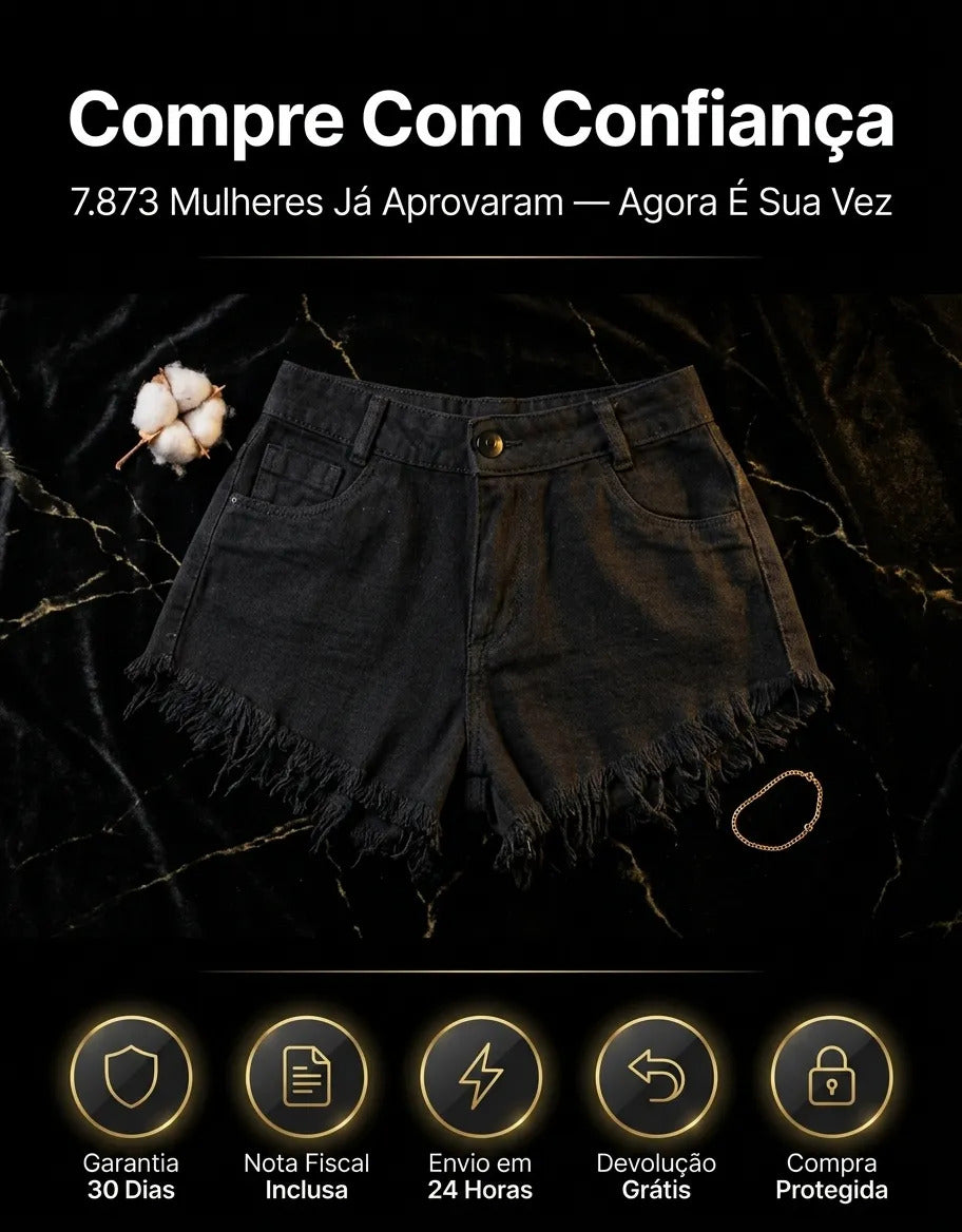 Short Jeans Feminino Cintura Alta Com Lycra Barra Desfiada