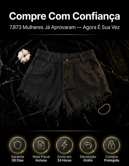Short Jeans Feminino Cintura Alta Com Lycra Barra Desfiada