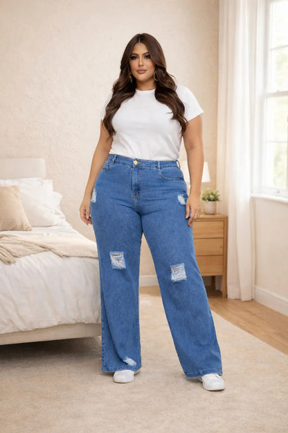 Calça Plus Size Jeans Feminina Wide Leg Levanta Bumbum