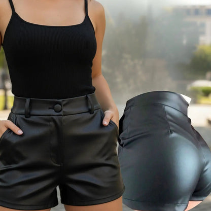 Short Feminino Couro Fake Com Botao Cintura Alta Social