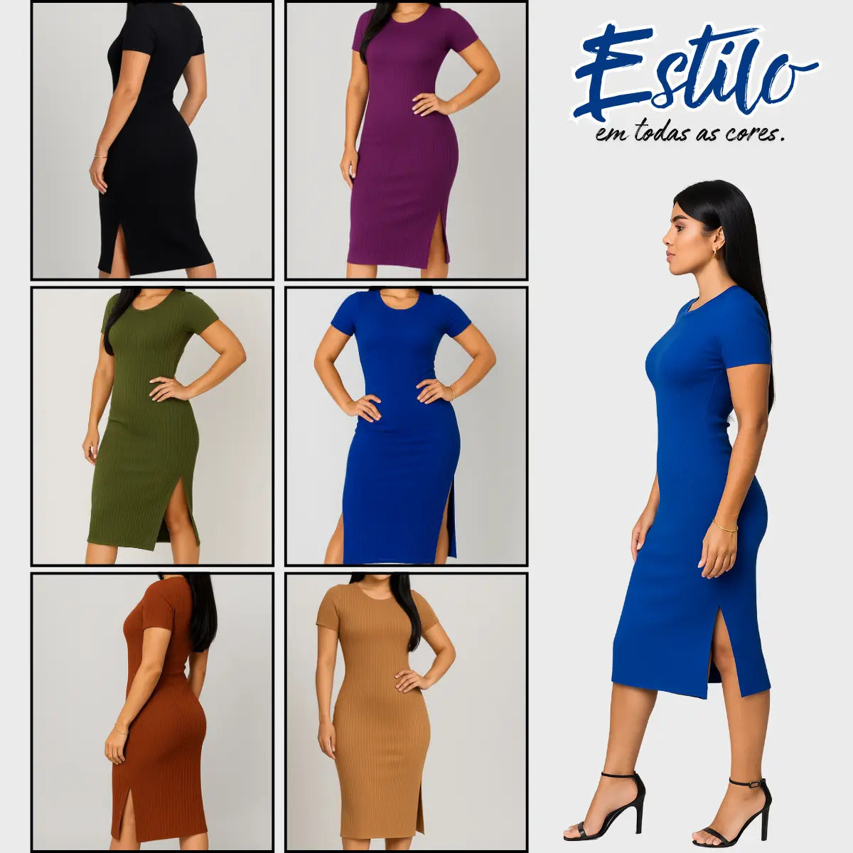 Vestido Canelado Midi Com Manga e Fenda Lateral Casual Básico