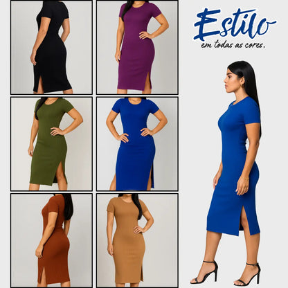 Vestido Canelado Midi Com Manga e Fenda Lateral Casual Básico