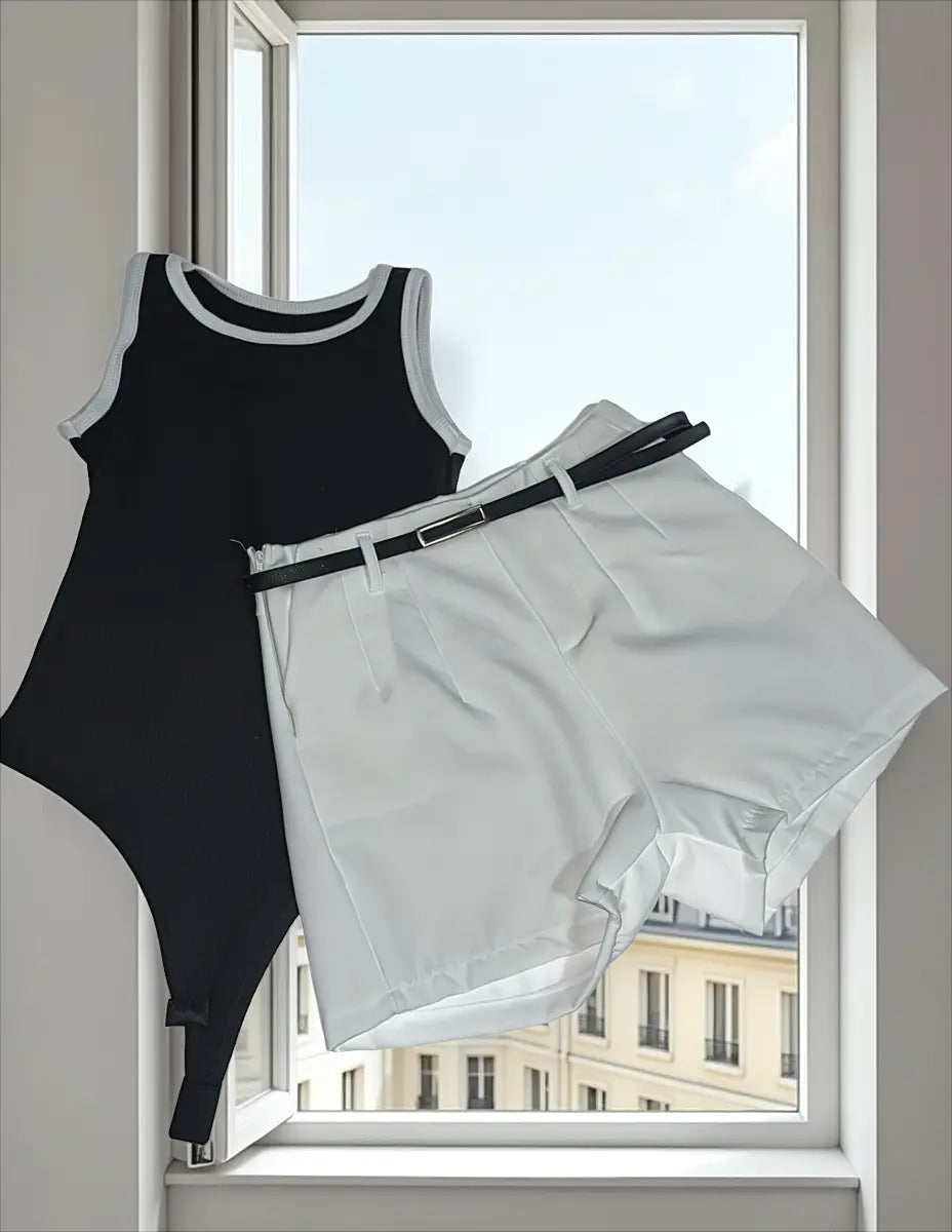Kit Short Alfaiataria Body Canelado Feminino Liso
