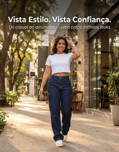 Calça Cargo Feminina Wide Leg Cintura Alta Jeans  Stillger