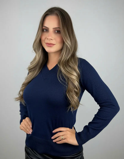 Blusa Trico Basica De Frio Feminina Decote V Manga Longa