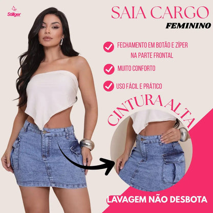 Saia Jeans Cargo Feminina Cintura Alta Com Lycra Stillger