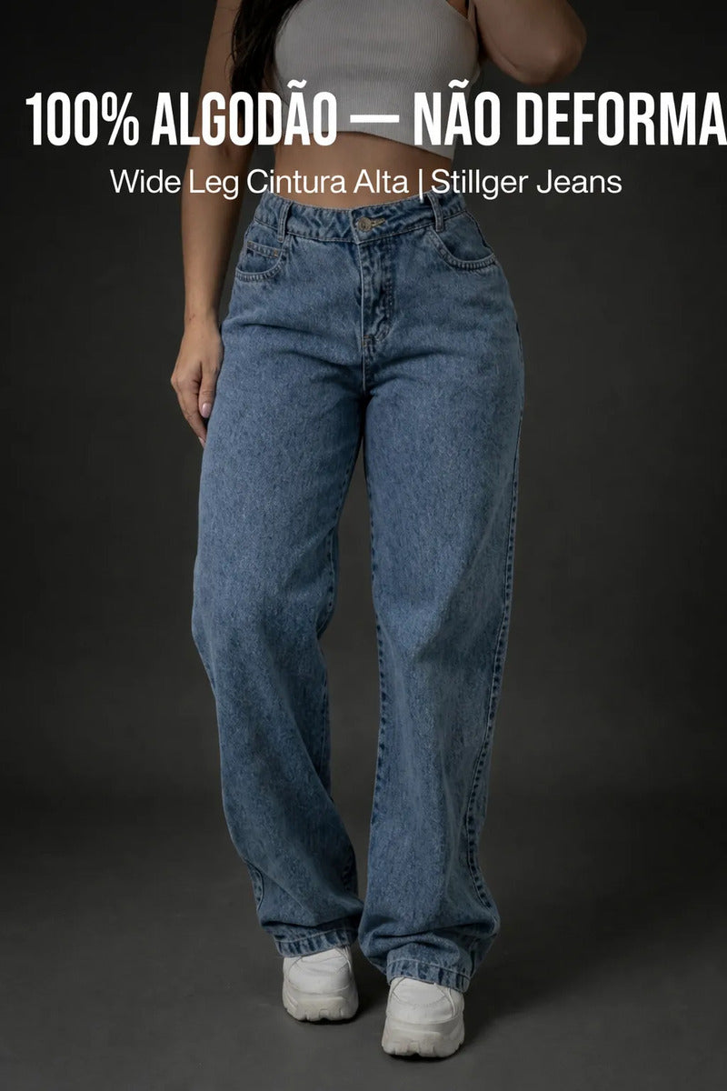 Calça Jeans Wide Leg Feminina Cintura Alta Sem Lycra Stillge