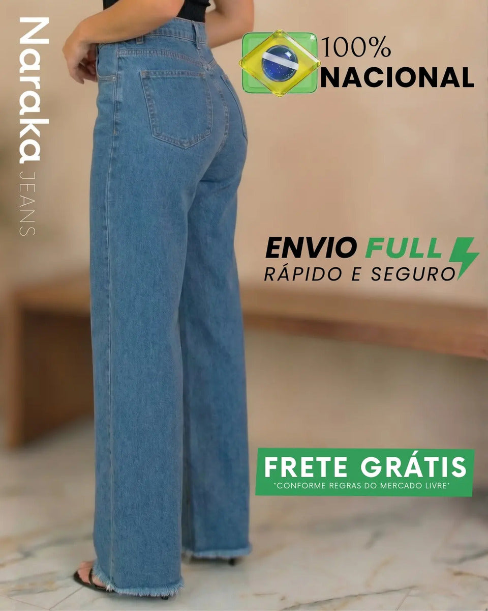 Calça Wide Leg Jeans Feminina Cintura Alta Levanta Bumbum