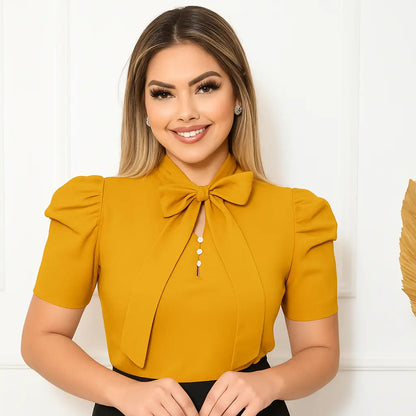 Blusa Camisa Social Romântica Laço E Botões De Pérola Manga