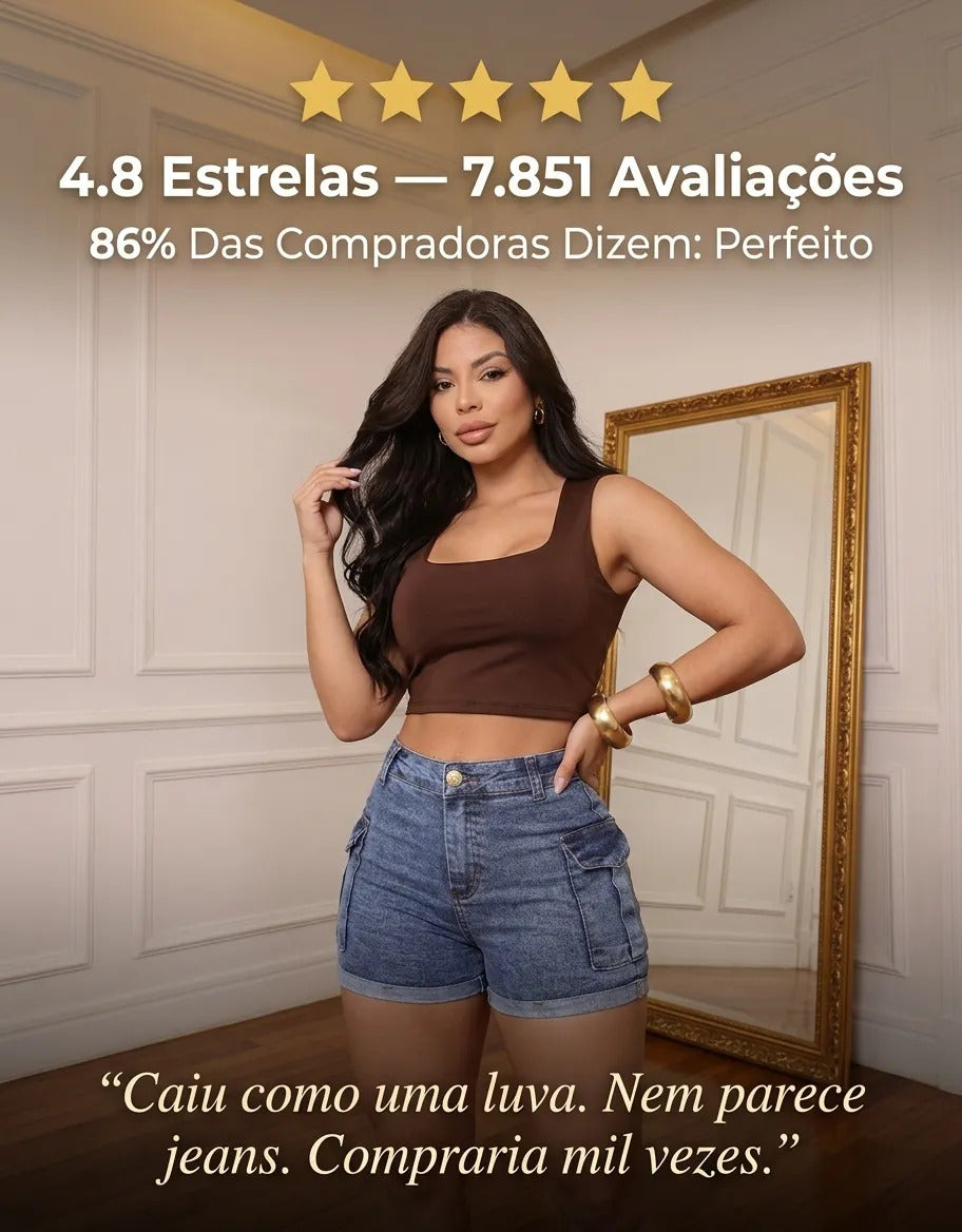 Short Jeans Feminino Shorts Cargo Com Lycra Cintura Alta