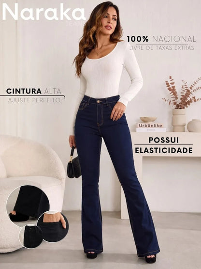 Calça Jeans Flare Feminina Cintura Alta Com Elastano