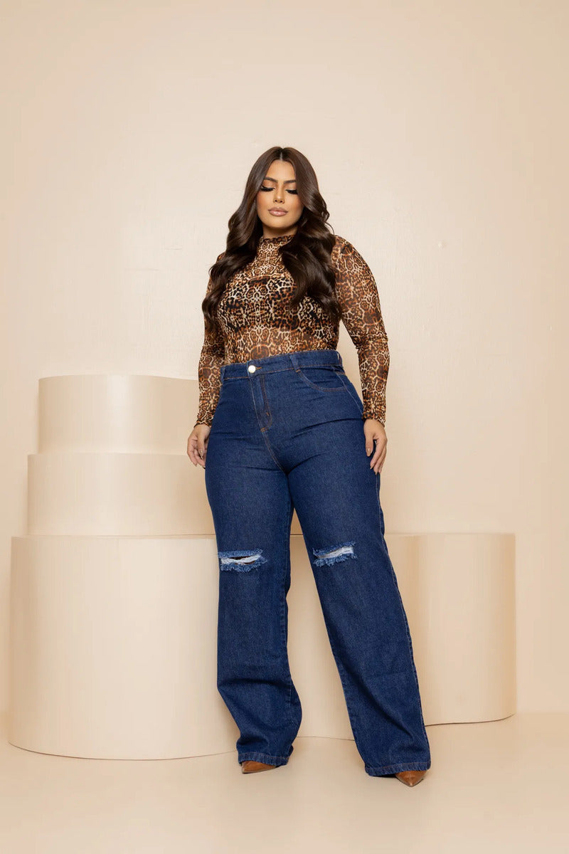 Calça Plus Size Jeans Feminina Wide Leg Levanta Bumbum