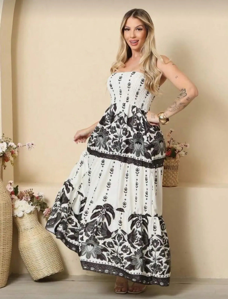 Lightweight Elastic Floral Strapless Long Dress Summer Fashion