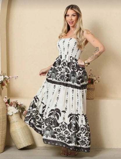 Lightweight Elastic Floral Strapless Long Dress Summer Fashion