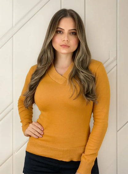 Blusa Trico Basica De Frio Feminina Decote V Manga Longa