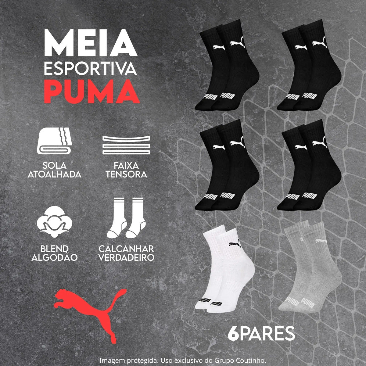 6 Pares Meias Puma Cano Médio Alto Atoalhada Academia Sport